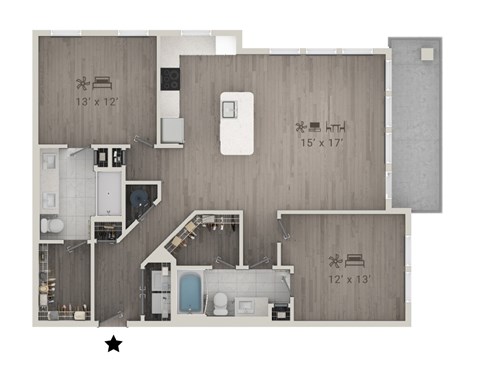 Floor plan for 2 beds, 2 baths, 1160 sqft